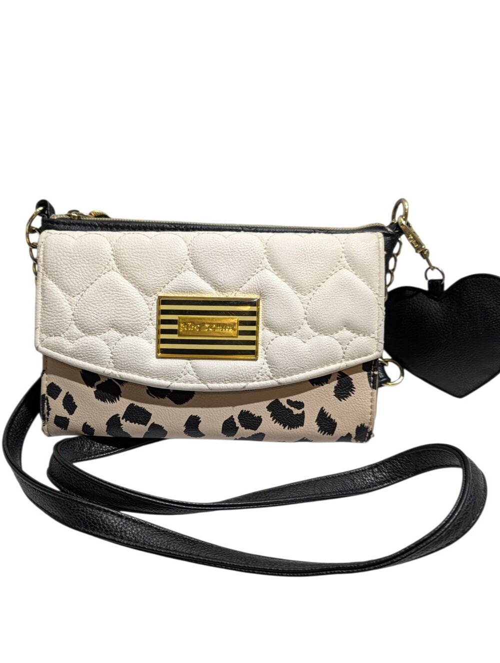 Betsy Johnson Cream & Black Heart Quilted Crossbody Mini